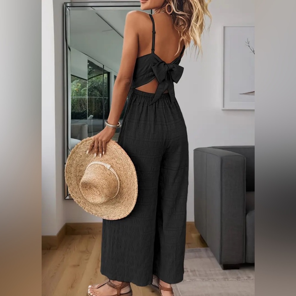 Elegant Bow Jumpsuit Wide Leg Boutique New Black - Picture 4 of 10